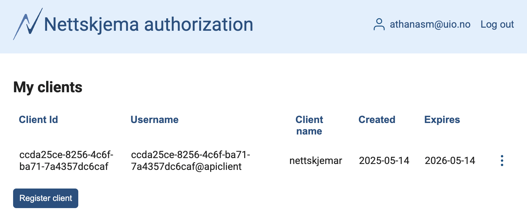 Screenshot of the Nettskjema Authorization portal. There is a table with “My clients”, with the header row: Client Id, Username, Client Name, Created and Expires, with three dots at the end for more options. The client id is a SHA hash, and the username is the same SHA has appended with @apiclient.